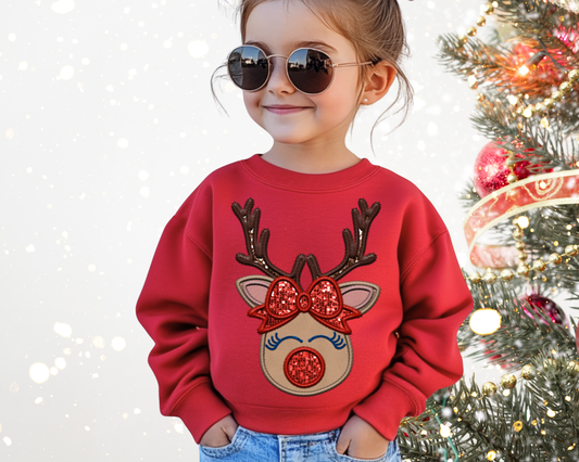 You Just found the cutest Christmas sweatshirt for the holiday season! This cozy Faux Sparkle Girl Red Nose Reindeer Christmas Sweatshirt is perfect for kids and adult or a mommy and me matching Christmas sweatshirt