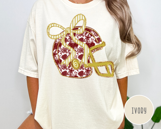 Red and Gold Floral Helmet Football T-Shirt